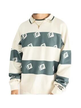 Krost x FILA Striped Collared Pullover Sweatshirt Cream Sage Green Size XS
